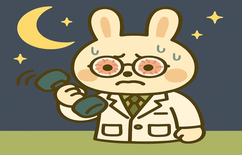 夜空の下で筋トレをする薬剤師うさぎのみどりん。白衣に緑のネクタイを着て、目を真っ赤に充血させながらダンベルを持ち上げている。背景には月と星が浮かび、疲れた表情で汗をかいている様子。